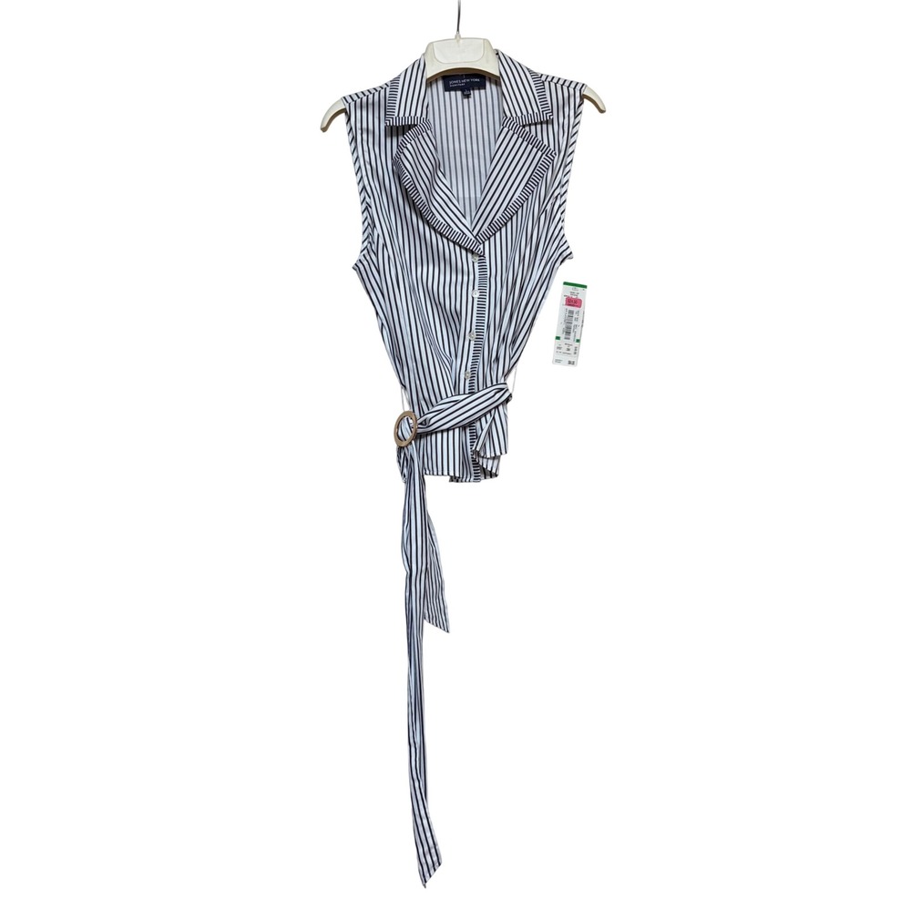 Jones New York Signature Navy White Striped Sleeveless Wrap Top Gold Ring L NWT